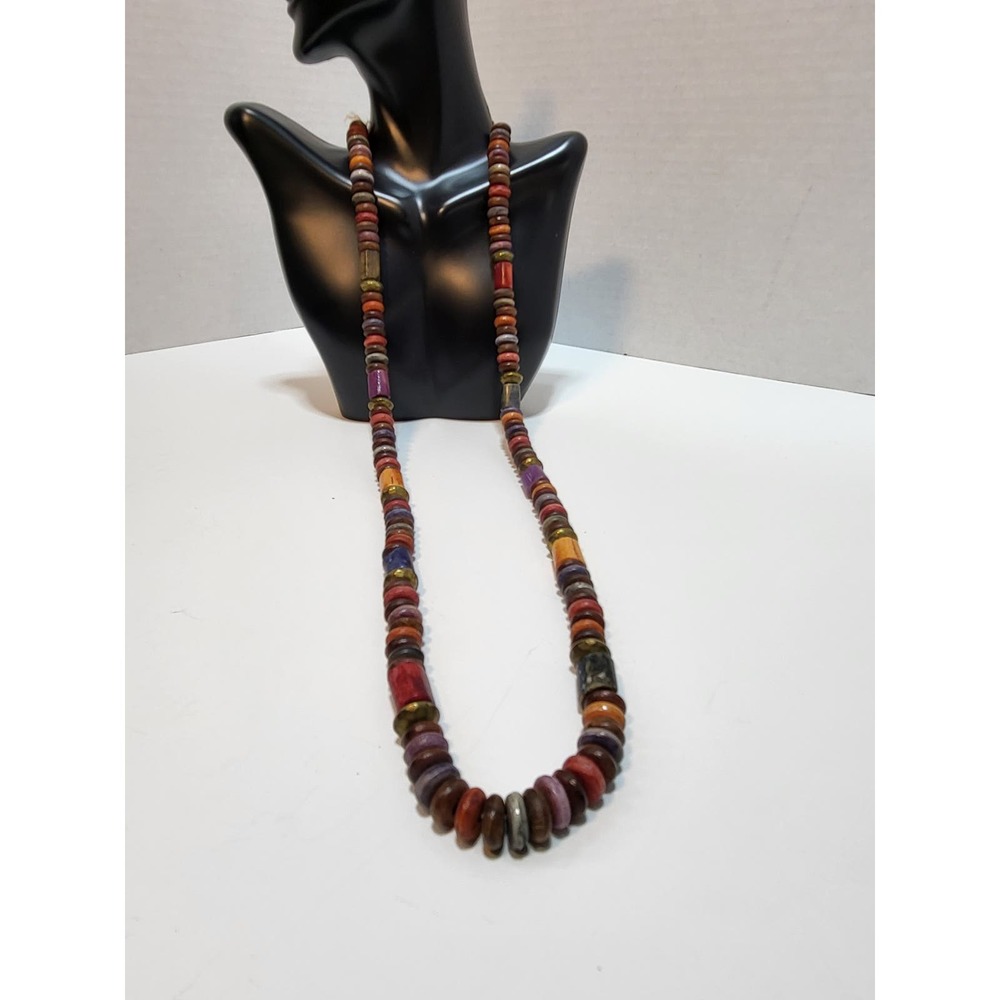 Multi-colored Disc‎ Bead Opera Length Drop Necklace 16" Red Brown Green tones